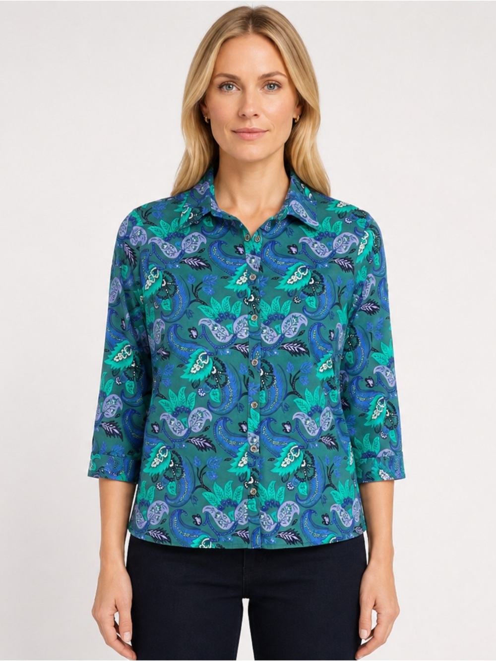 LANDS' END Teal, Blue, Green, Navy Cotton 3/4 Sleeve Paisley Print Shirt Size 10